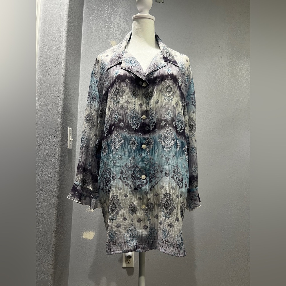 Alfred Dunner Floral Blue & Purple Paisley Print Button Down Blouse Size 22W